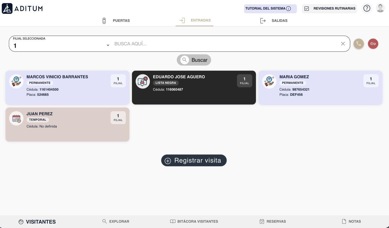 Screen of the Aditum platform